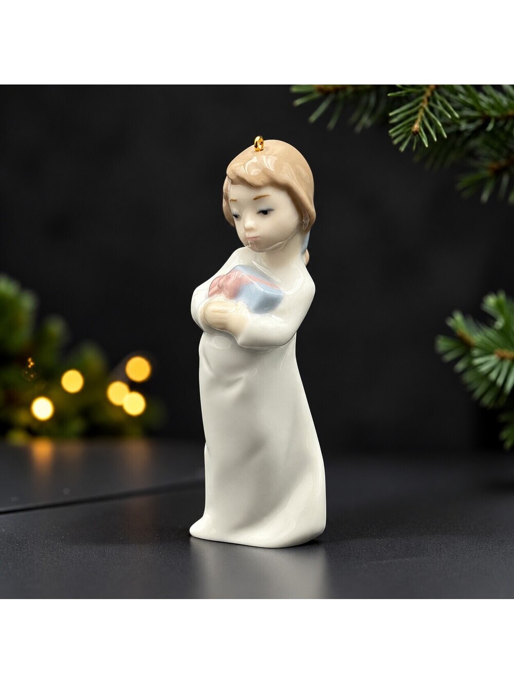 Vtg. Lladro Sweet Girl With Gift Porcelain Christmas Ornament Spain 3.5"